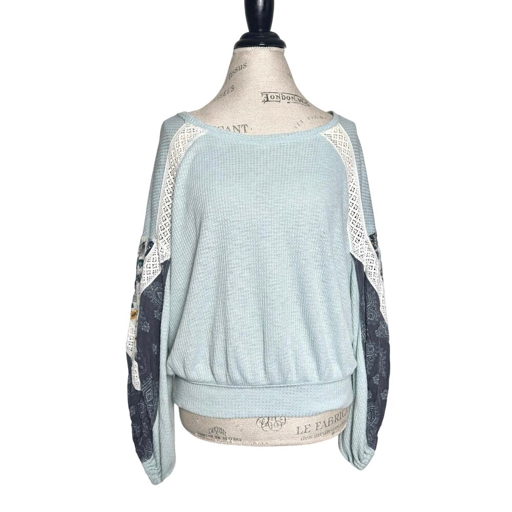 Free People | Women | Casual Clash Mint Mixed Media Balloon Sleeve Top | Small - Picture 2 of 13